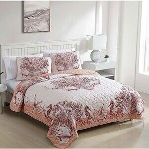 3 Piece Coastal Quilt Sets Size - Reversible Microfiber Full/Queen Coastal